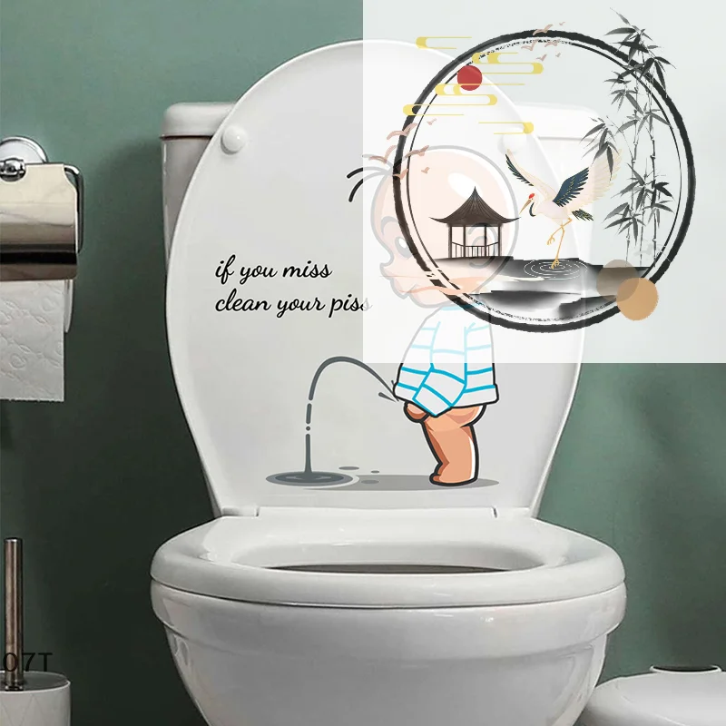 1pc PVC Funny Toilet Warning Toilet Stickers Child Urination Toilet Lid Decoration Removable Wall Toilet Stickers
