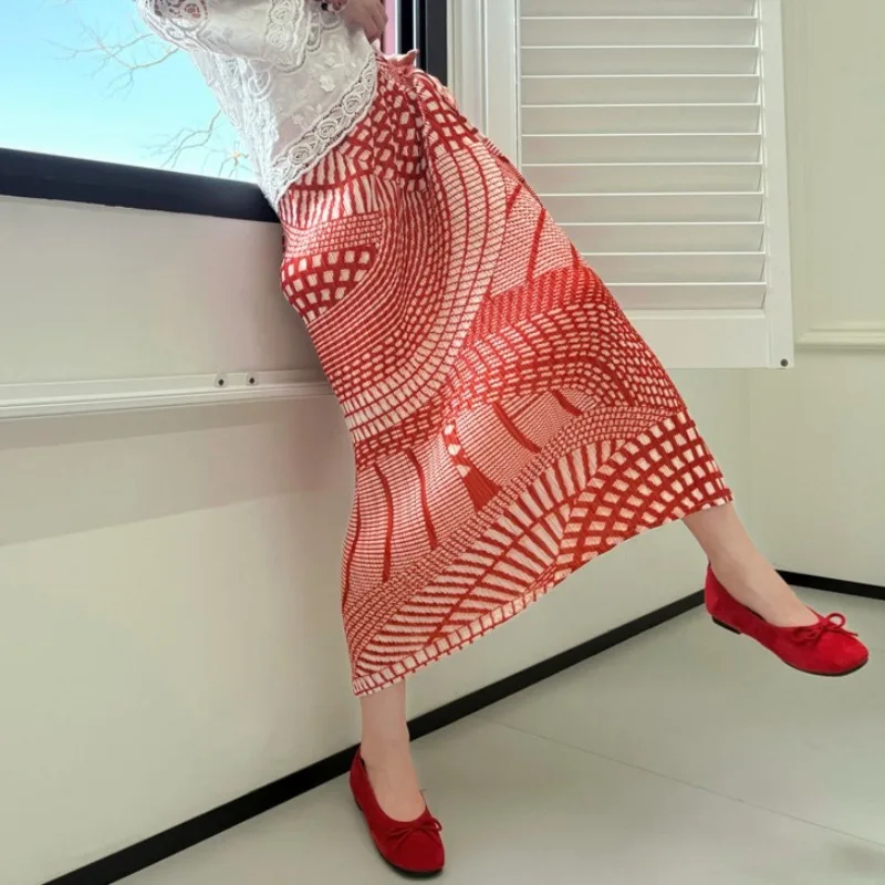  Pleated Red Skirt Summer New Simple Casual Fashion Printed Elegant Vacation Style Draped Slit Women's Fold Straight Skirt