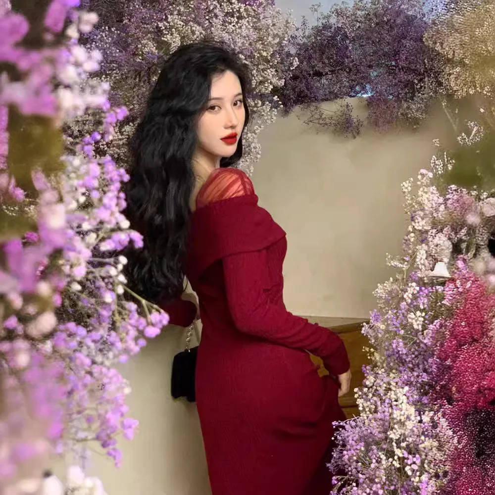 

Ele Red Knitted Dr Women's Autumn Winter Cisas Par Gatherings High Waist Slim Fit One oulder Midi Dr