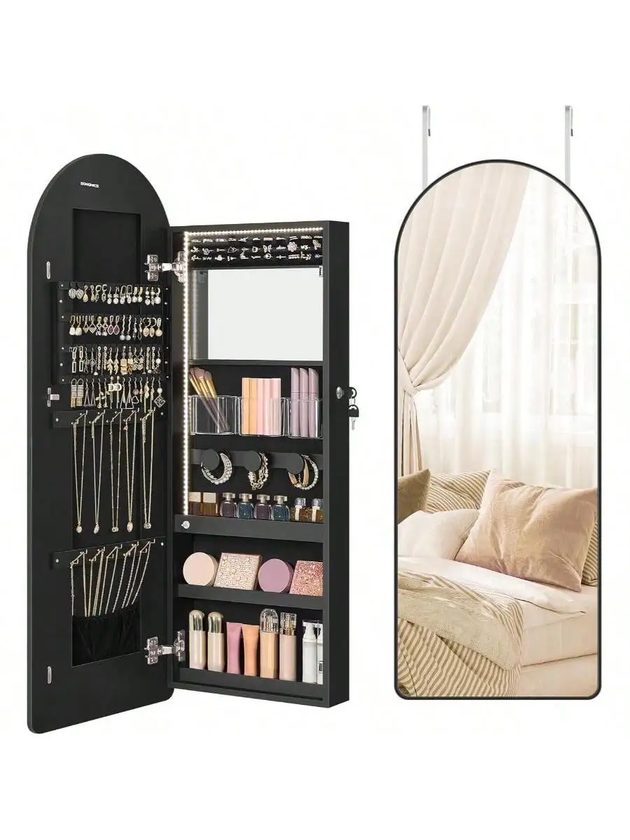 

SONGMICS Wide Jewelry Organizer, LED Jewelry Cabinet Wall/Door Mounted, Arched Mirror with Storage, Lockable, Rounded Corner