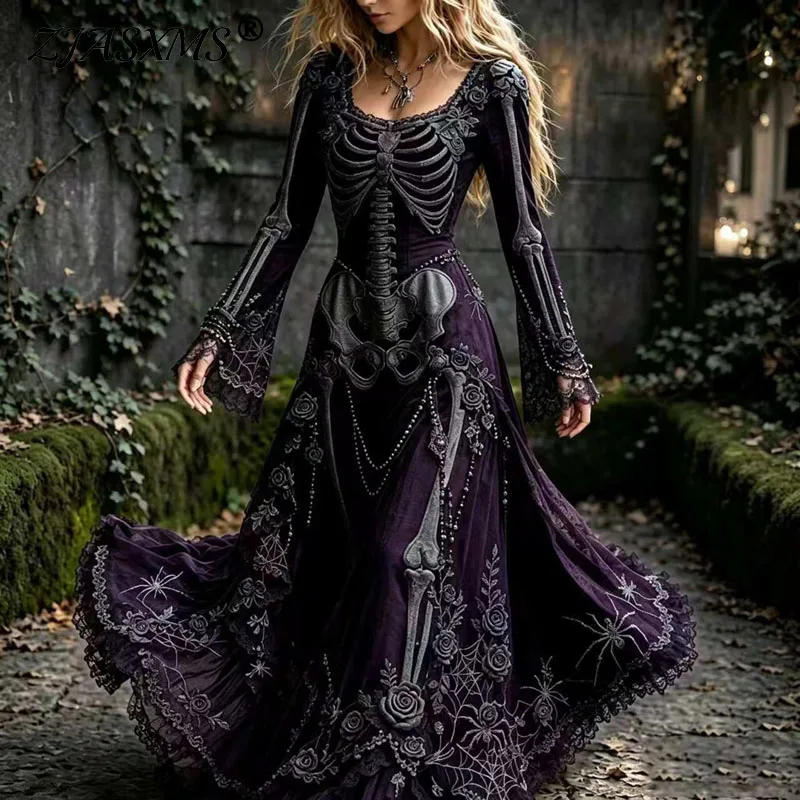 Gotisches Cosplay-Maxikleid für Damen mit Skelett- und Spinnennetz-Print, ausgestellten Ärmeln und Spitzenbesatz für Halloween-Party und Karneval