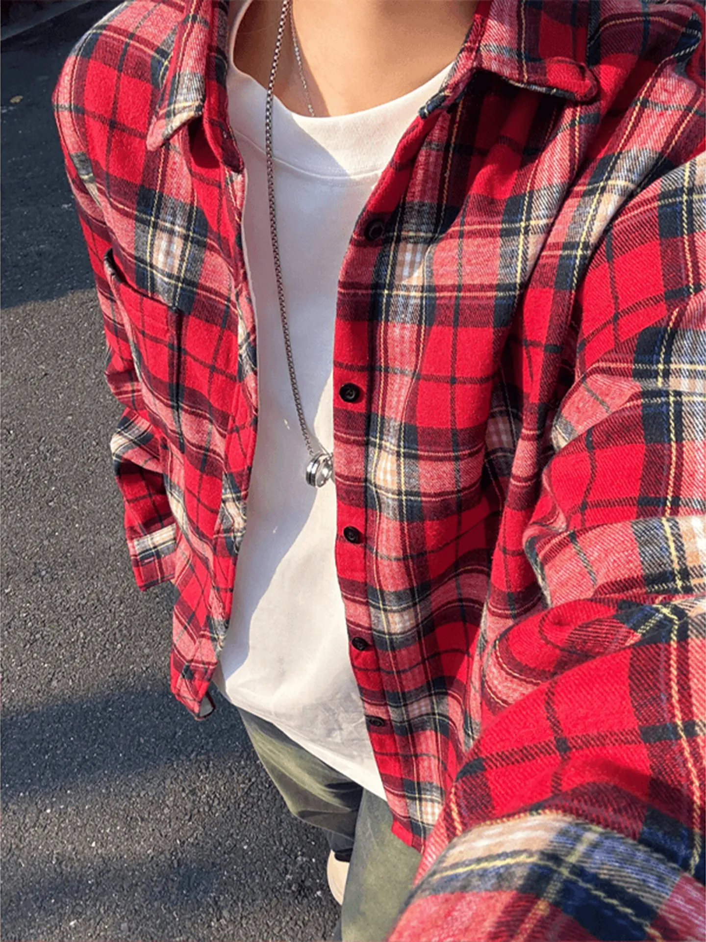 Red Plaid Fleece Shirt Loose Men's Vintage Lazy Style Spring Outerwear for Couples Breathable Long Sleeve Button up Casual Shirt