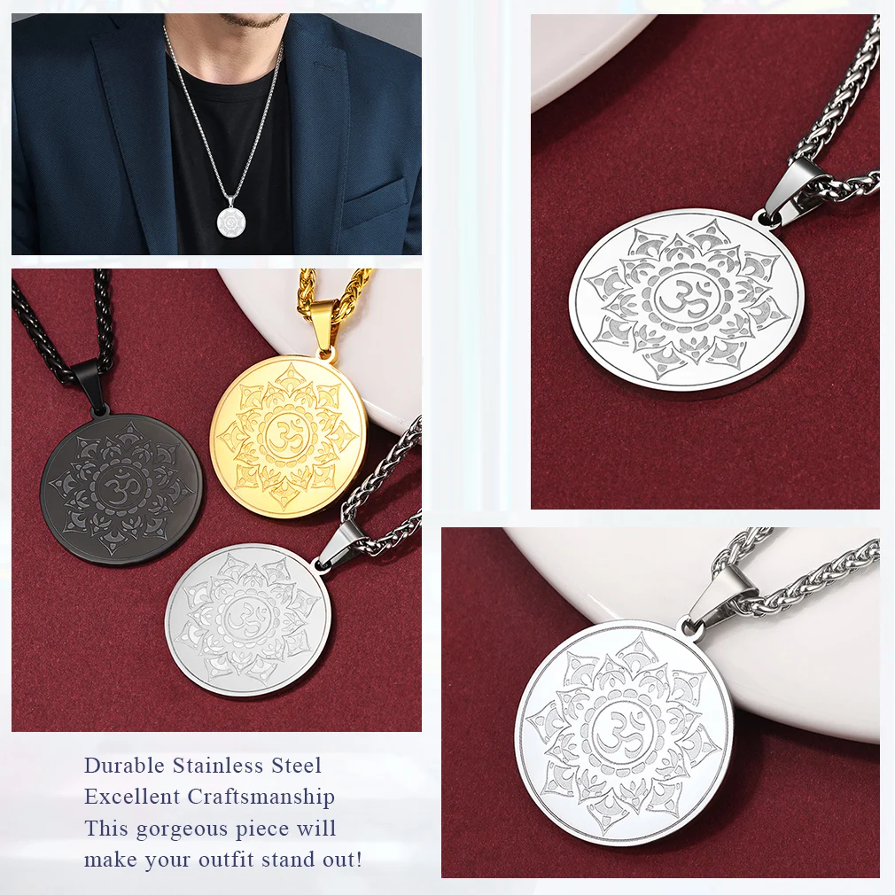 Stainless Steel Buddha Buddhist Mandala Pendant Necklace for Men Women 22 Inches Chain Unisex Jewlery Gift