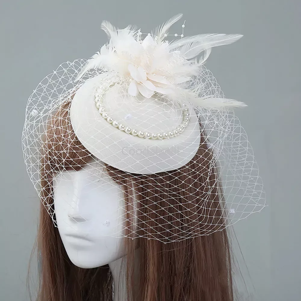 Wedding Veil Top Fascinator Hat Clip Feather Pearls Pillbox Cap Party Church Photography Chapeau Femme Party Hair Accessories