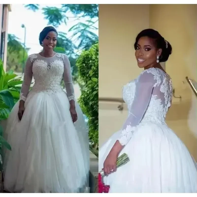 Maßgeschneidertes, transparentes Halsausschnitt, lange Ärmel, Juwelenapplikationen, Reißverschluss, maßgeschneidertes Ballkleid-Hochzeitskleid, Brautmode, Spitze in Übergröße