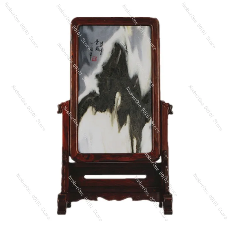 Elegant Rosewood Table Screen Natural Stone Inlay Desktop Folding Divider Classic Chinese Style Mahogany Mini Partition