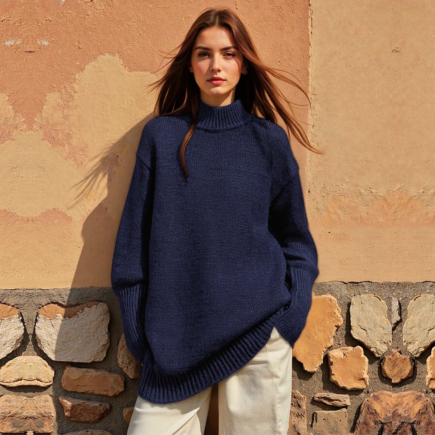 

Thi Yarn Knit Casual Women's Sweater Autumn Winter Loose Fit Comfortable Warm f High Collar Long Sve Basic Sle