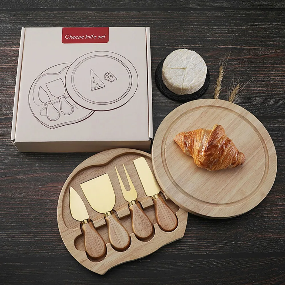 High Beauty Cheese Tool Set! Round wooden box storage, stainless steel knife shovel durable and easy to clean