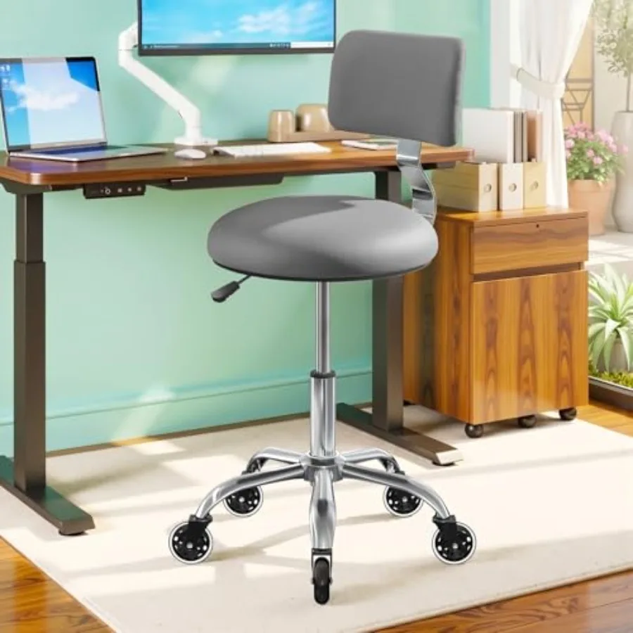 

Rolling Stool Chair with Wheels, Office Drafting Chair with Back Support, Height Adjustable Standing Desk Stool with PU Leather