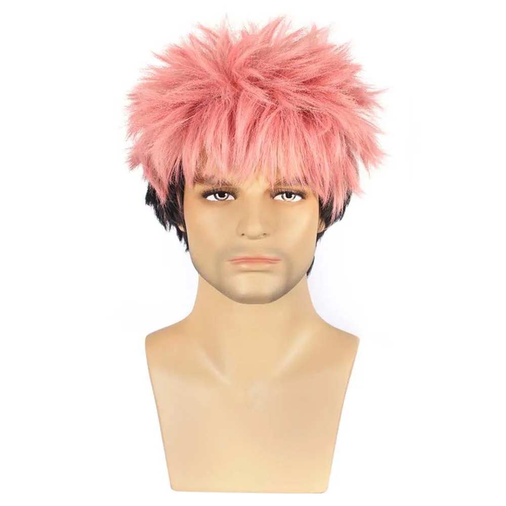 Short Straight Wigs Synthetic Pink Gradient Black Fake Hair With Bangs For Men Heat Resistant Cosplay Costume Anime Daily Wig