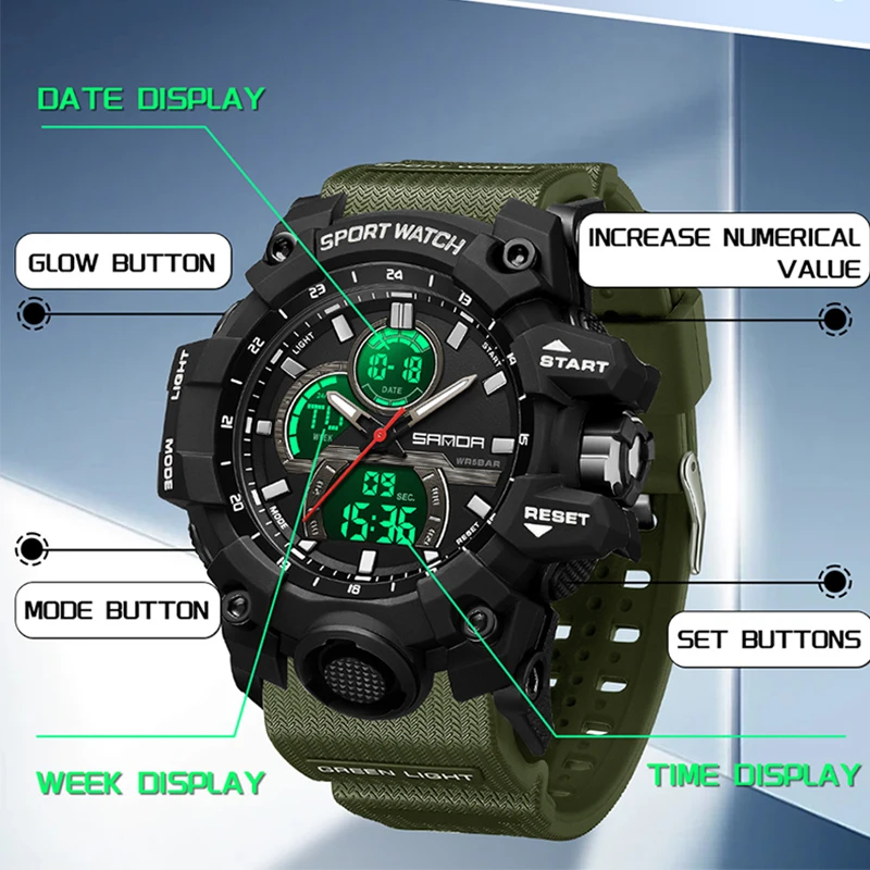 SANDA Orologio Militare da Uomo di Alta Qualità 50m Impermeabile LED Orologio Al Quarzo Digitale Orologi Sportivi Orologio Da Polso Maschile Relógios Masculino