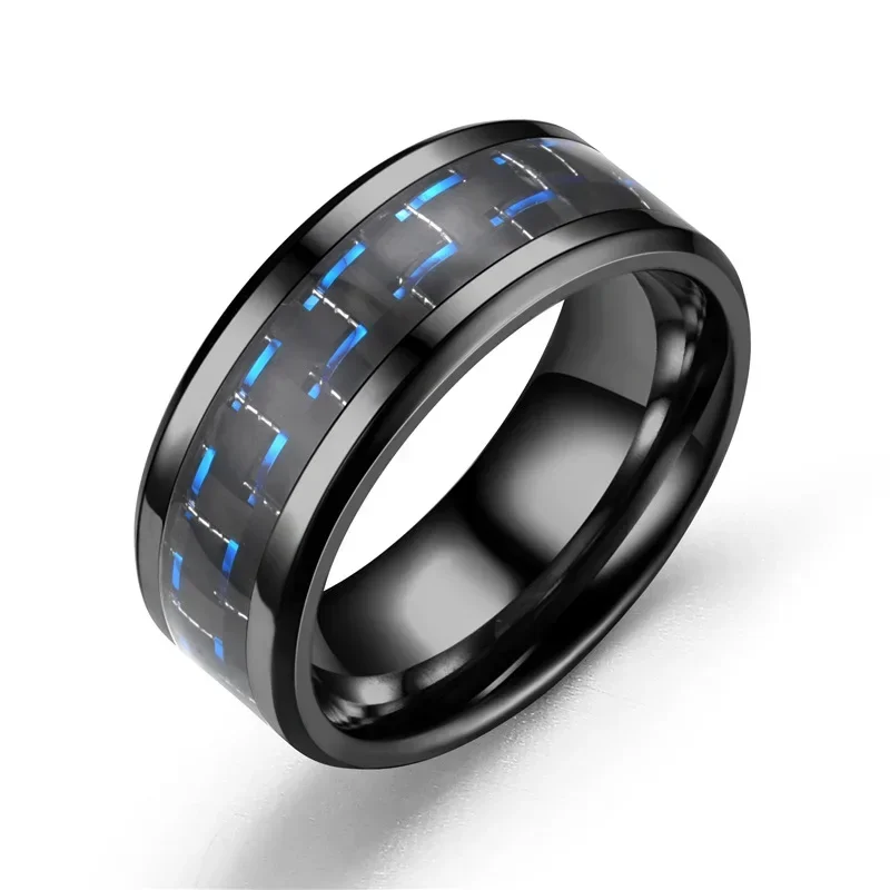 Anillo de acero inoxidable negro de 8mm para hombre, anillos de fibra de carbono azules con incrustaciones, 6 colores, regalo de joyería para boda, venta al por mayor