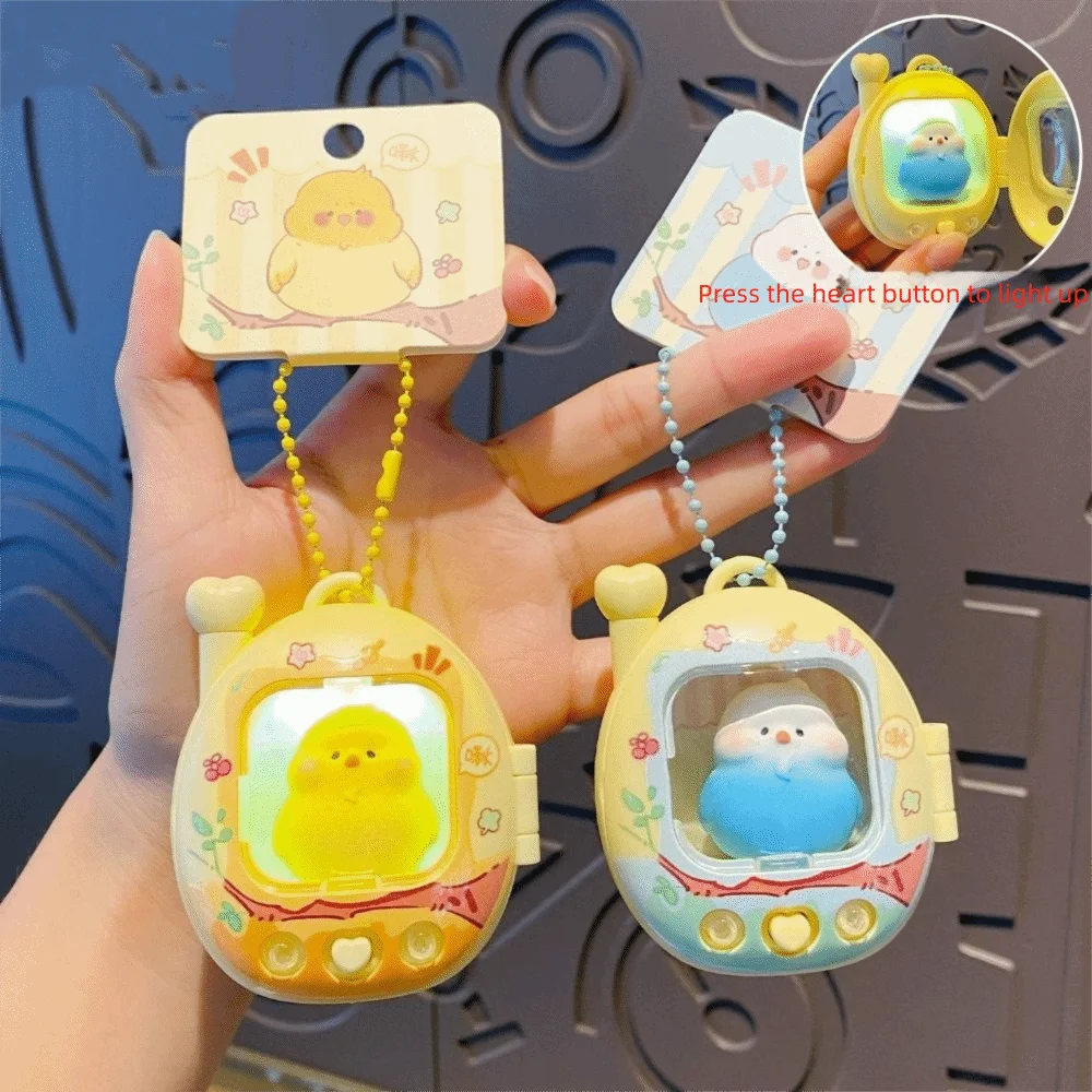 Cute Mini Parrot Keychain Retro Television Bag Charm Light Up Pendant Press Flash Pet Lovers Birds Doll Keyring For Bestie