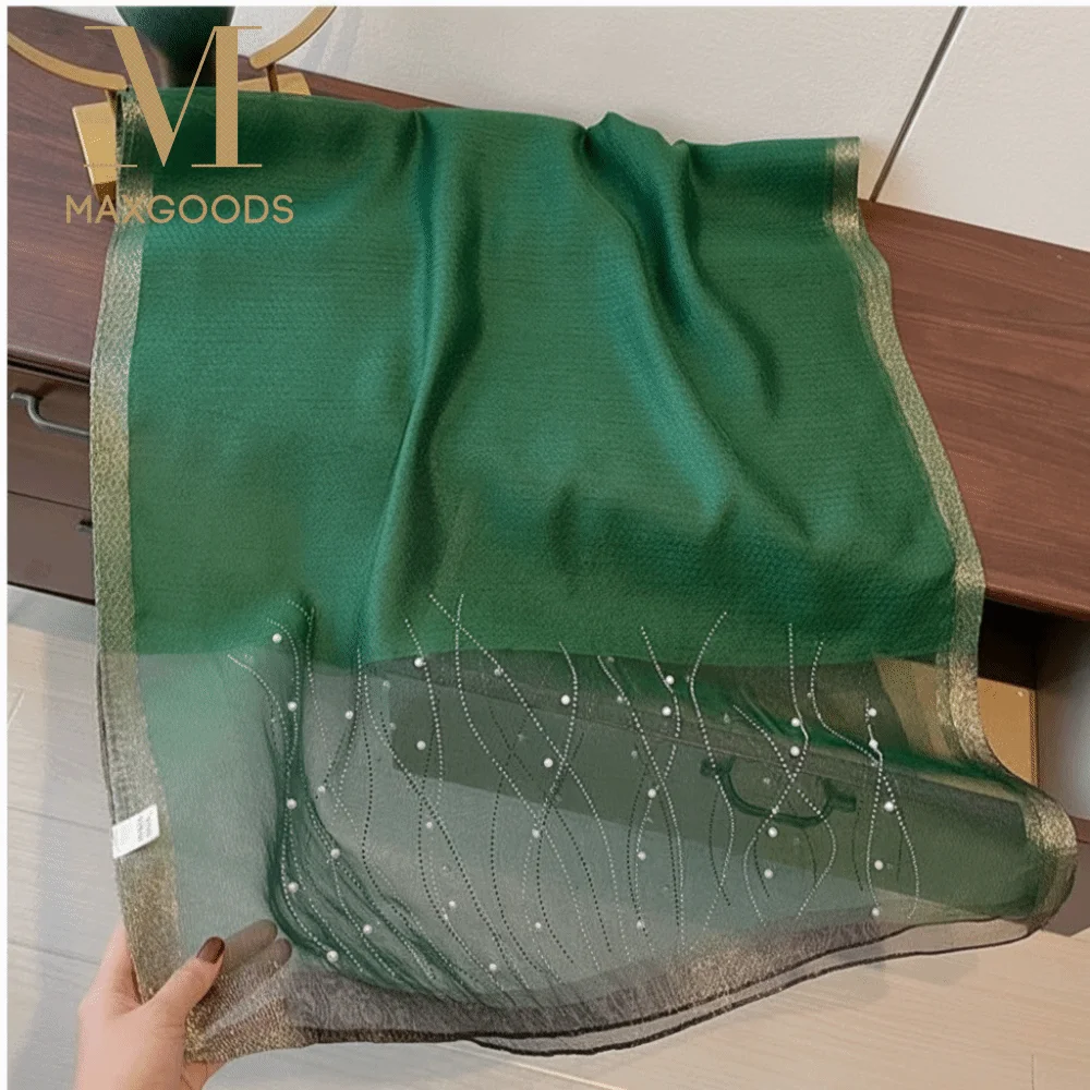 

Elagant Shimmer Pearls Striped Hijab Scarf Soft Plain Solid Sunscreen Shawl Breathable Long Foulard Hijab