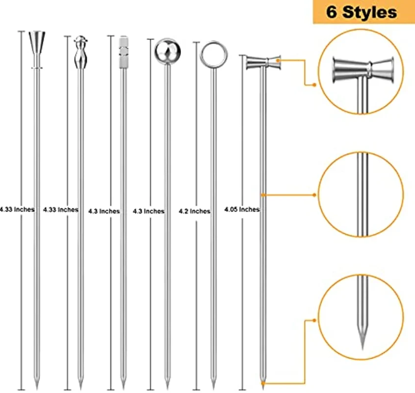 Reusable Cocktail Picks for Fruit, Stainless Steel, Cocktail Sticks, 6 Styles, Martini, Garnish Skewers, 4.3 Inches Long, 18 Pcs