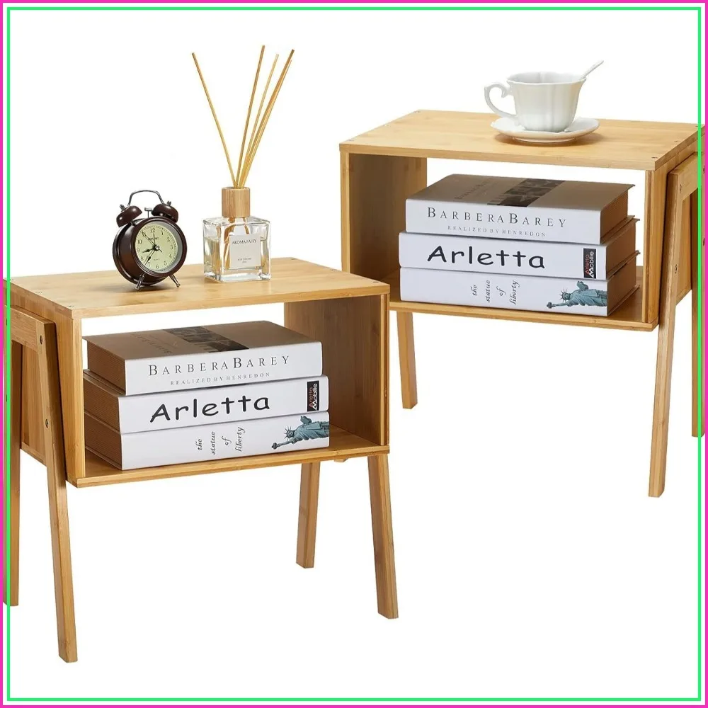 2-Pack Stackable Bamboo Nightstands with Storage Shelves, Small Side Tables for Bedroom, Dorm, Living Room