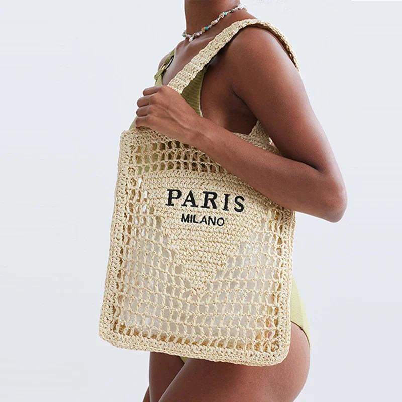 

Fashion Hollow Out Straw Women Shoulder Bags Designer Letters Weave Lady Handbag Casual Handmade Summer Beach Bag Large Tote Bag