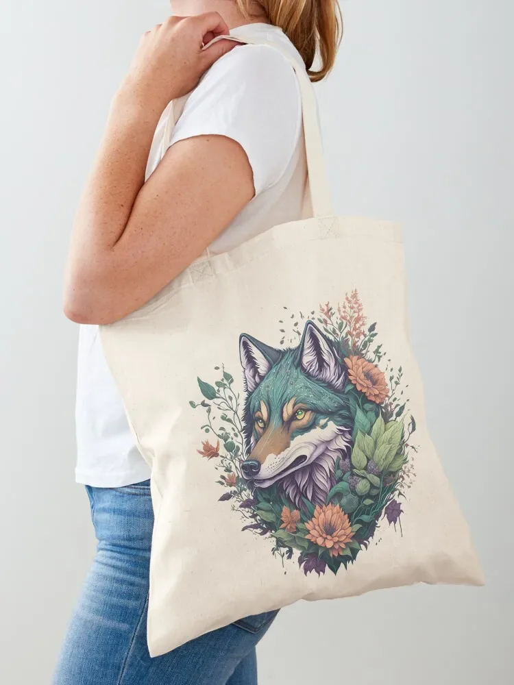 Floral Whispers: Vintage Cute Wolf with Flowers Tote Bag tote bag woman Canvas bag Women's beach bags