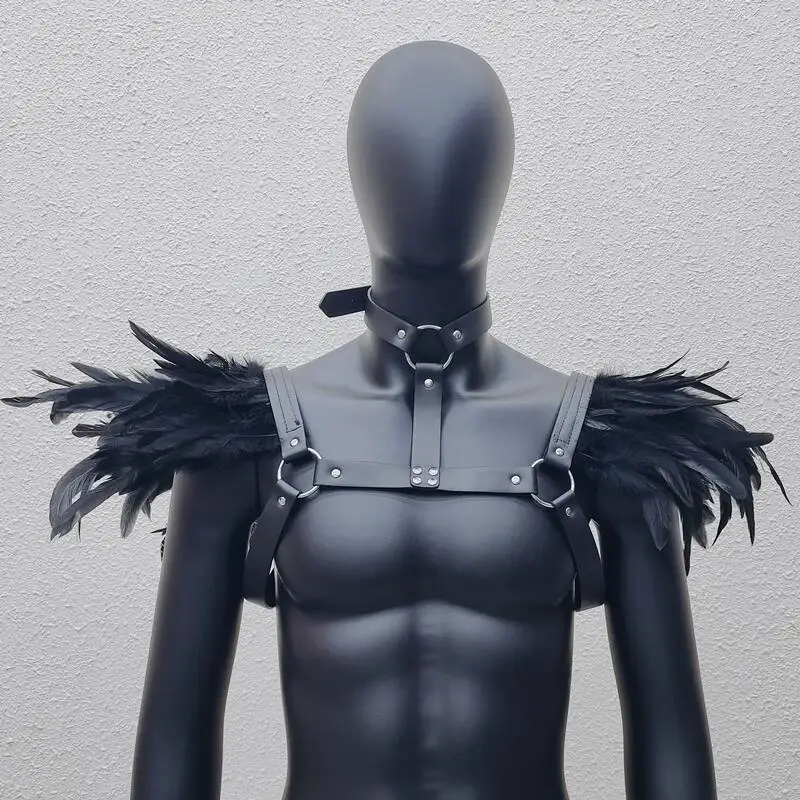 Sexy Harness Belt Chest Body Harness Leather Feather Bdsm Bondage Gothic Fetish Clothing Shawl Shrug Festival Halloween Rave Out