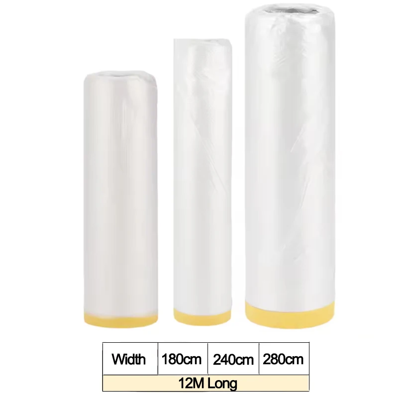 

12M Long 180cm-280cm Width Car Paint Masking Film Protective Film Plastic Pre-Taped PE Film Paper Furniture Dust-proof Cover