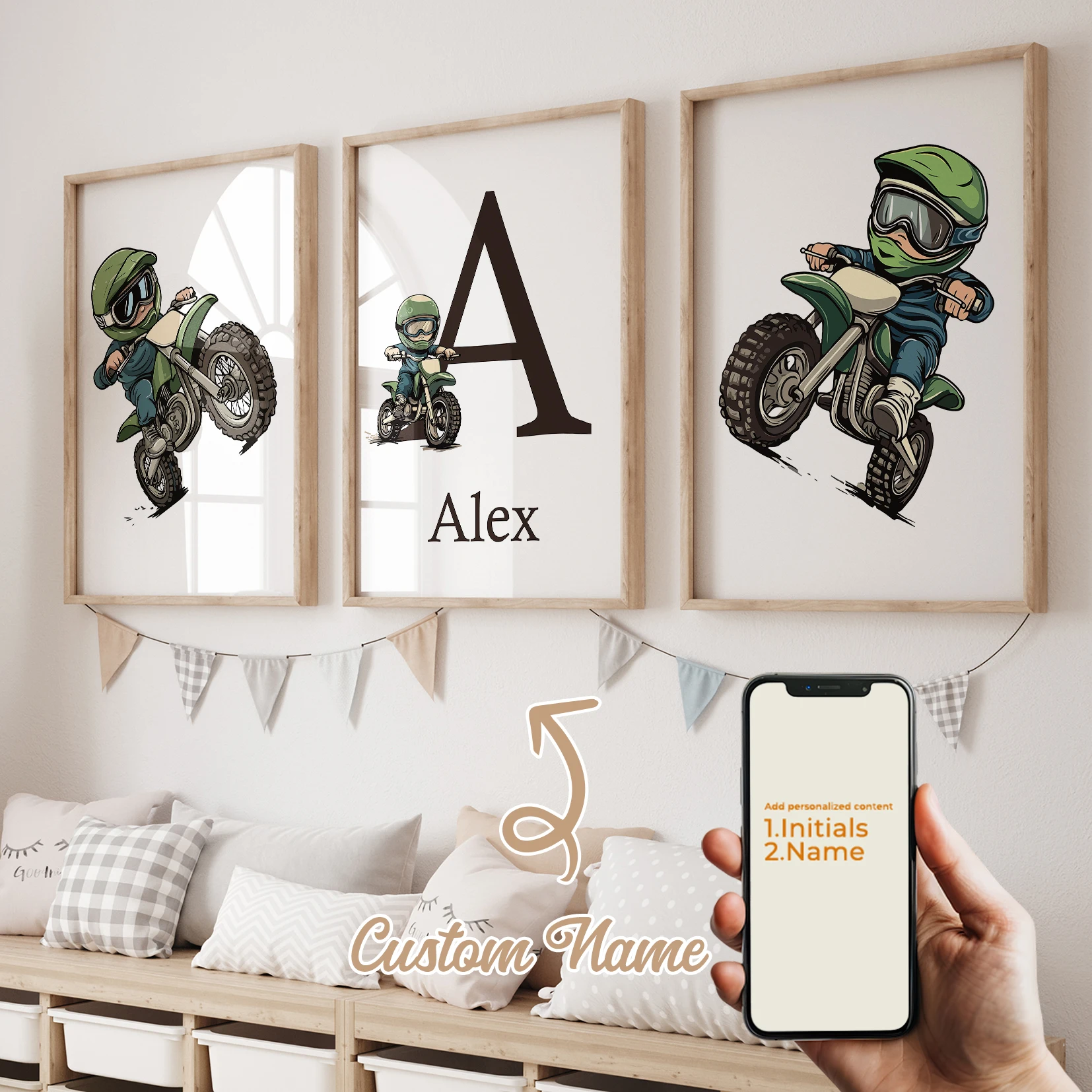 

Modern Personalized Name Custom Green Motorcycle Rider Wall Art Print Canvas Painting Poster Picture For Kids Room Home Decor