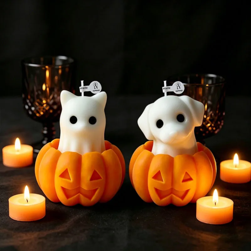 Halloween Animal Spook Aroma Candle Silicone Mold DIY Pumpkin Ghost Candle Jar Mould Creative Cat Dog Form Ghost Molds view 3