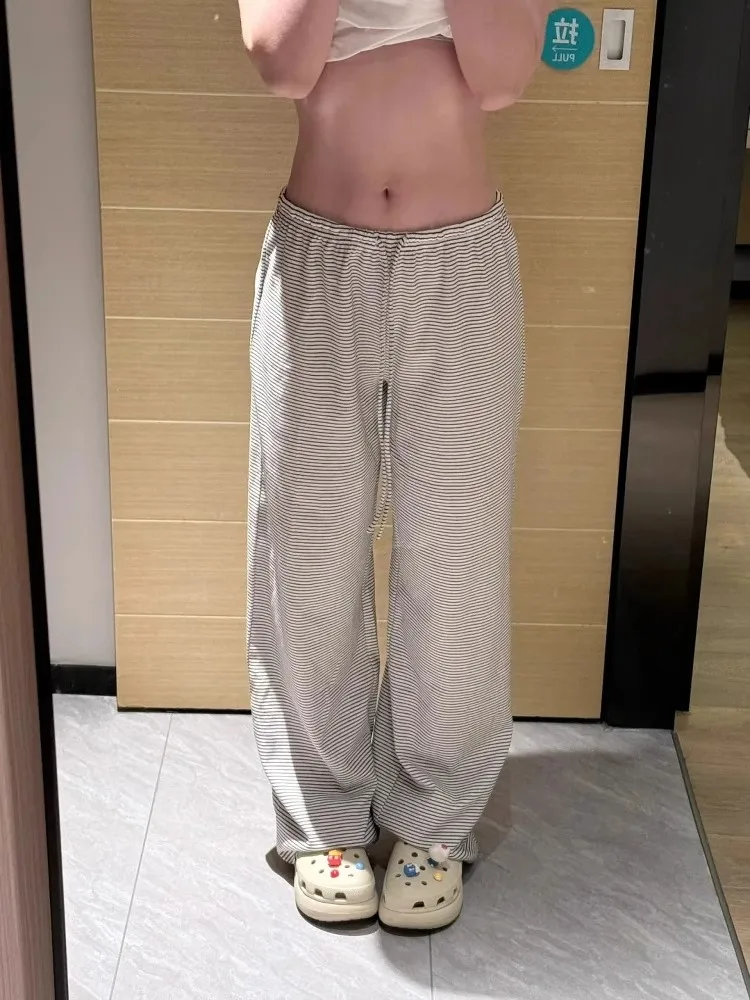 Pantalones informales de pierna ancha y cintura baja para mujer, pantalón fino, holgado, deportivo, para caminar, coreano, Bla, rayas blancas, corte holgado, novedad de verano