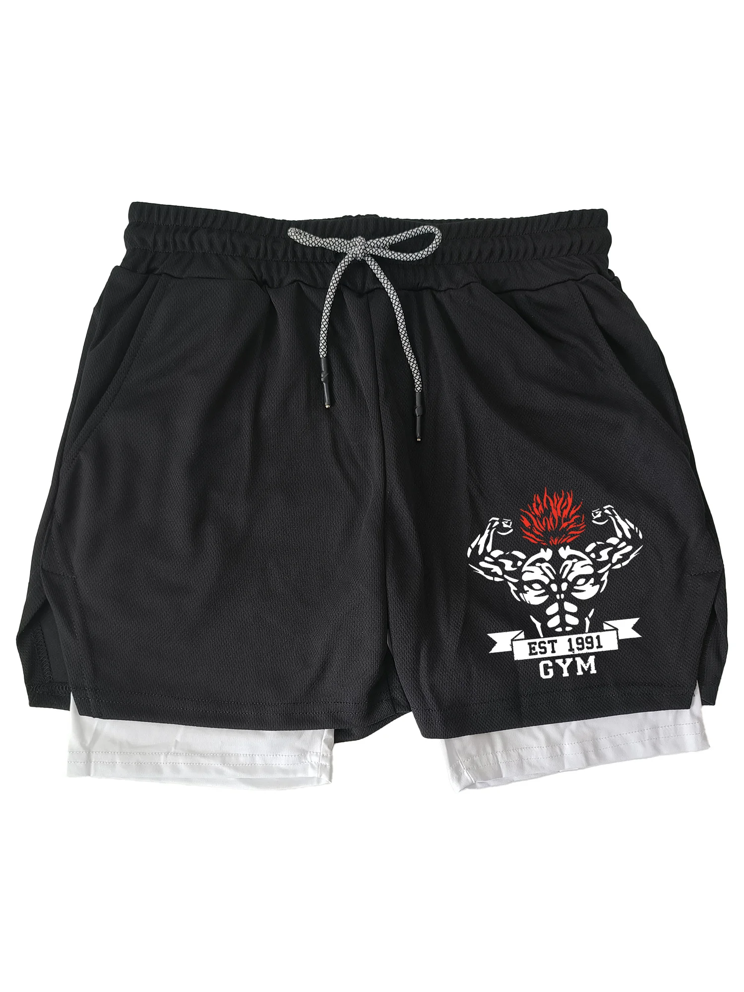 

Мужские быстросохнущие двухслойные шорты для спортзала с принтом, дышащие и влагоотводящие, незаменимые для фитнеса и тренировок.