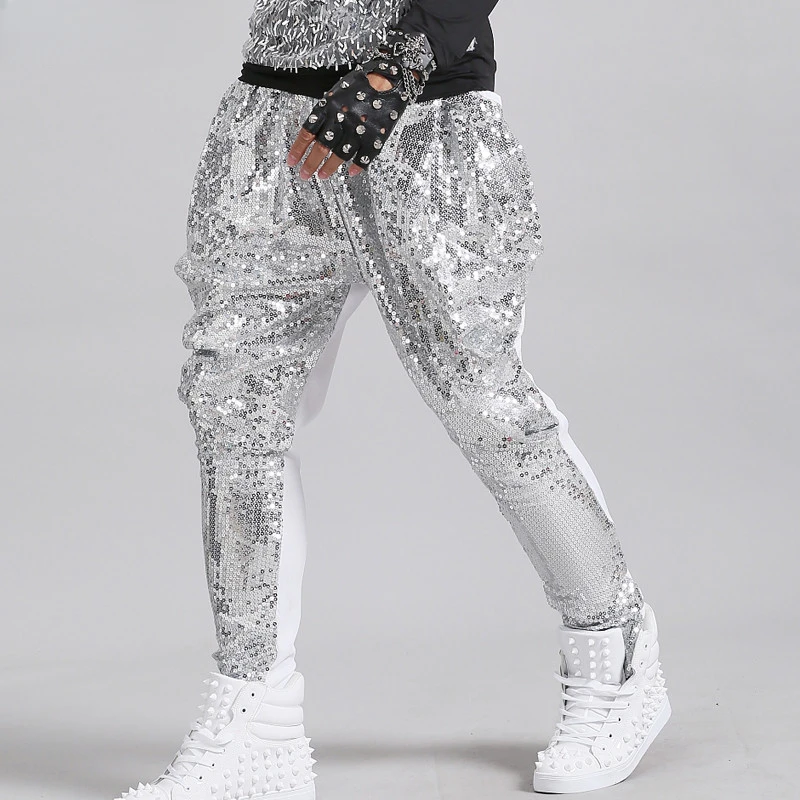 

Tide Male Sequins Harem Long Pants Singer Dancer Hip Hop Rock Dance Performance Costume Nightclub Bar Pencil Trouser White Black