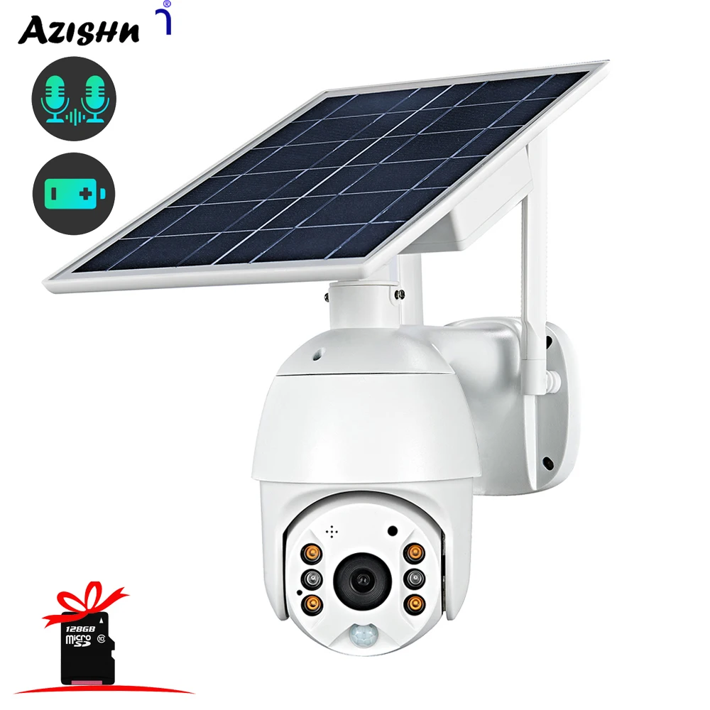 AZISHN 8W Solar Panels For Security WiFi PTZ Camera Outdoor Waterproof Two Way Audio CCTV Surveillance IP Camera With 128G Card