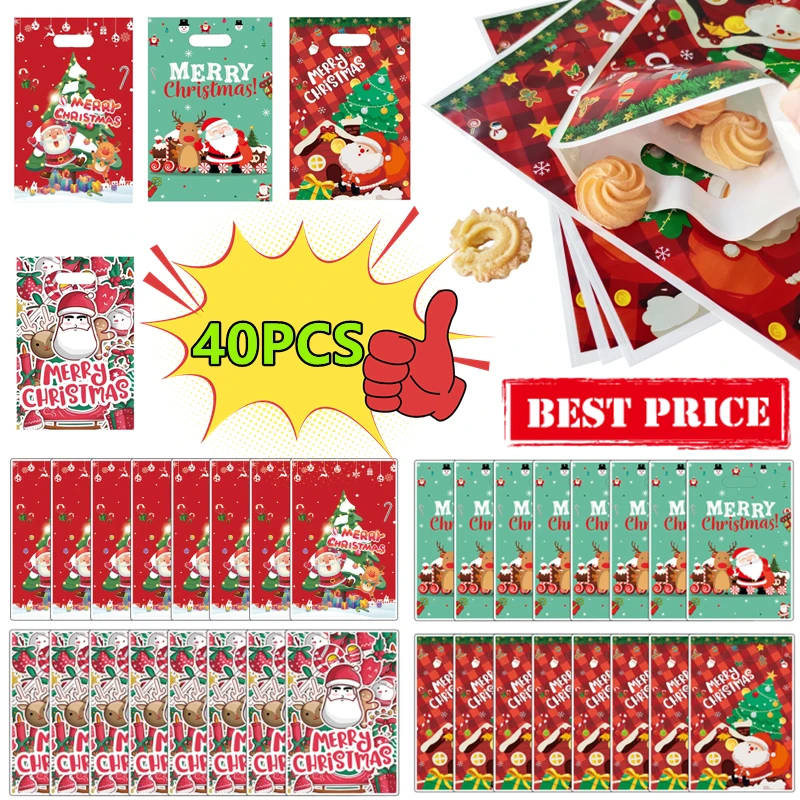 New 40/10PCS Christmas Candy Cookie Bag Xmas Santa Claus Elk Gift Bag Christmas Party Decoration for Home New Year Packaging Bag