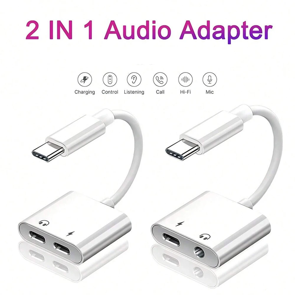 Cabo Adaptador de Áudio e Carregamento 2 em 1 Tipo C para Jack 3.5mm para Celulares Samsung Xiaomi Huawei com Divisor de Áudio Auxiliar Tipo C