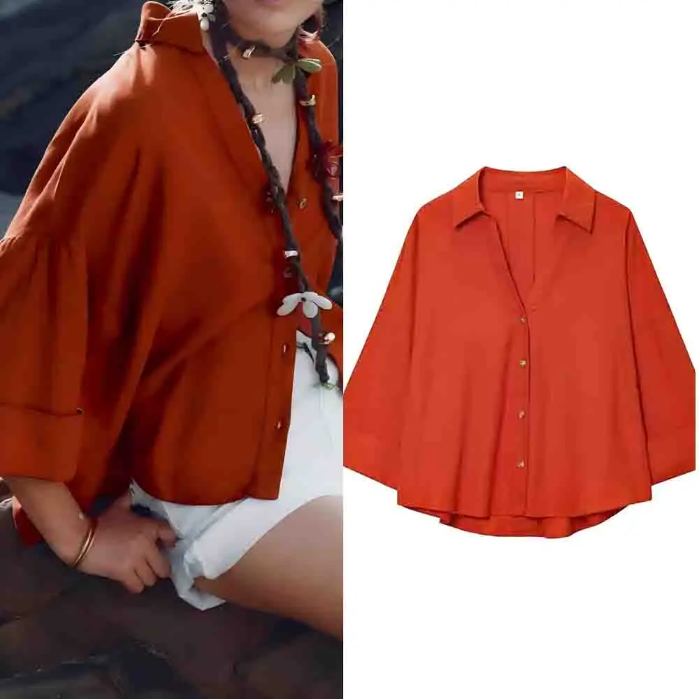 

Women's new fashion multi-color casual linen blend wide sleeved shirt retro Lapel button up women's shirt chic top
