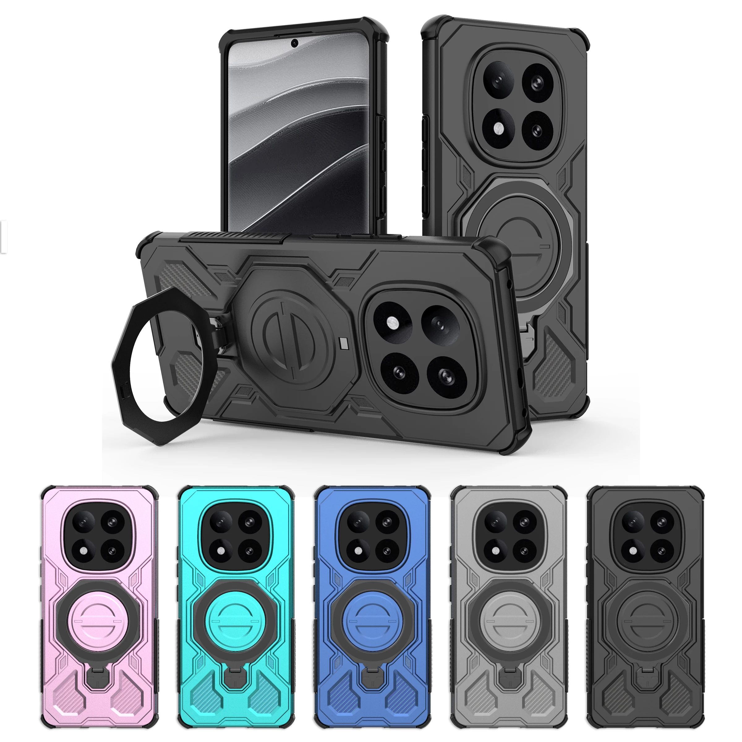 Magnetische Handyhülle mit Ringhalter und Ständer für Magsafe Redmi Note 14 Pro 5G Plus 14C Hard Carbon Fiber Protect Soft Cover