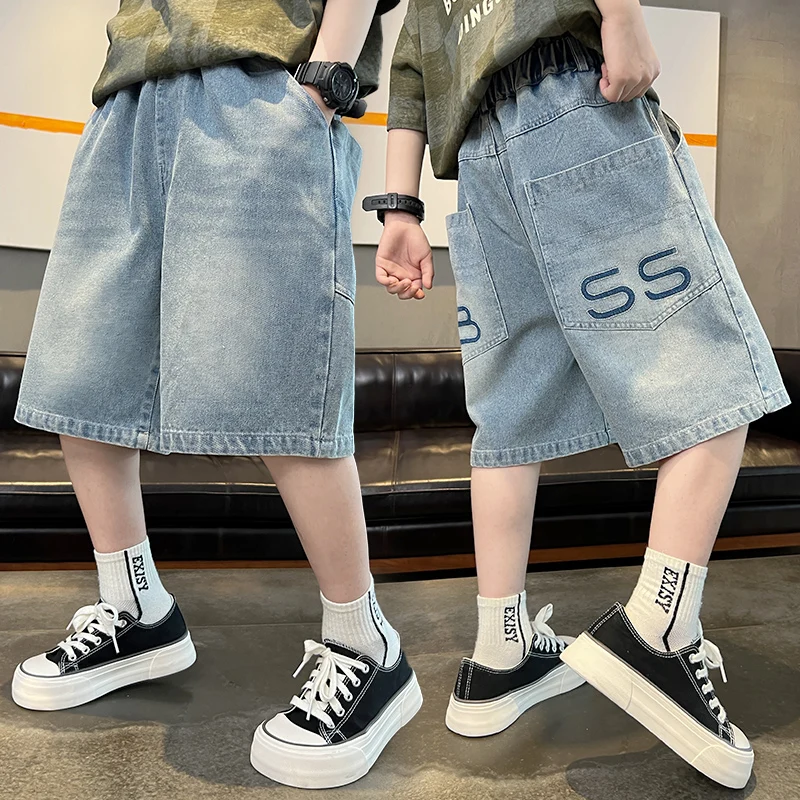 Hot Sale Tweens Child Casual Jeans Shorts for Teenager Boy Letter Denim Shorts with Back Pocket Kids Knee-Length Pants Age 5-14T