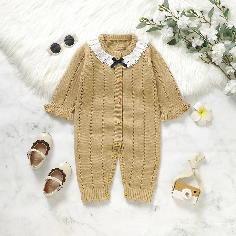 Newborn Baby Romper Knitted Girl Jumpsuit Long Sleeve Warm Fall Infant Kid Clothes 0-18M Fashion Solid Ruffles Overalls Playsuit