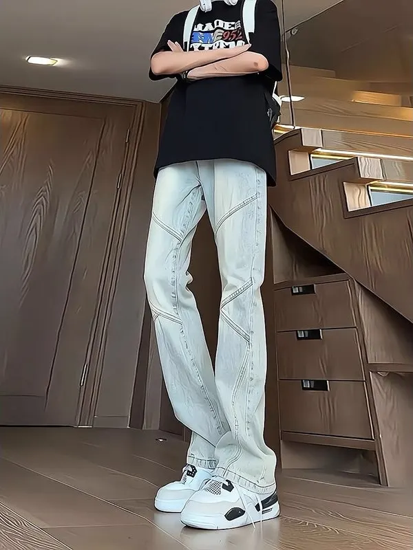 

Синие полосатые лоскутные приталенные прямые джинсы Мужские весенне-осенние джинсы High Street Vibe Широкие брюки Джинсы со средней талией