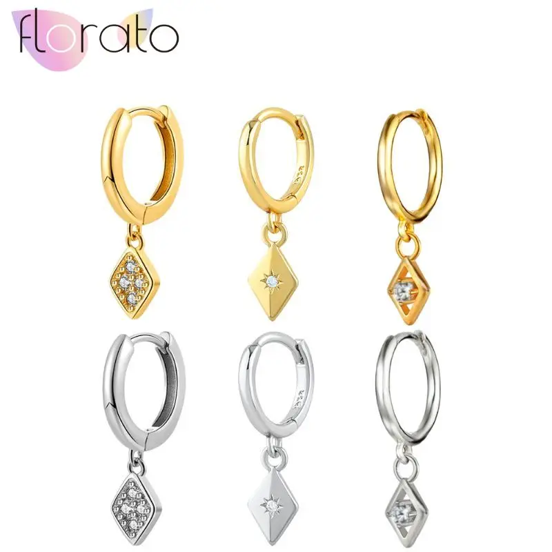 

925 Sterling Silver Ear Needle Light Luxury High-end Fashion Rhombus Zircon Pendant Hoop Earrings Wedding Jewelry Accessories