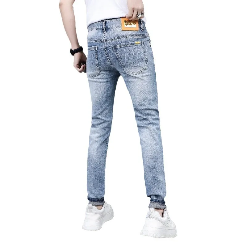 Calça jeans high-end masculina, fina, na moda, simples, leve, roupa luxuosa, justa, pequena, calça casual reta, moda verão