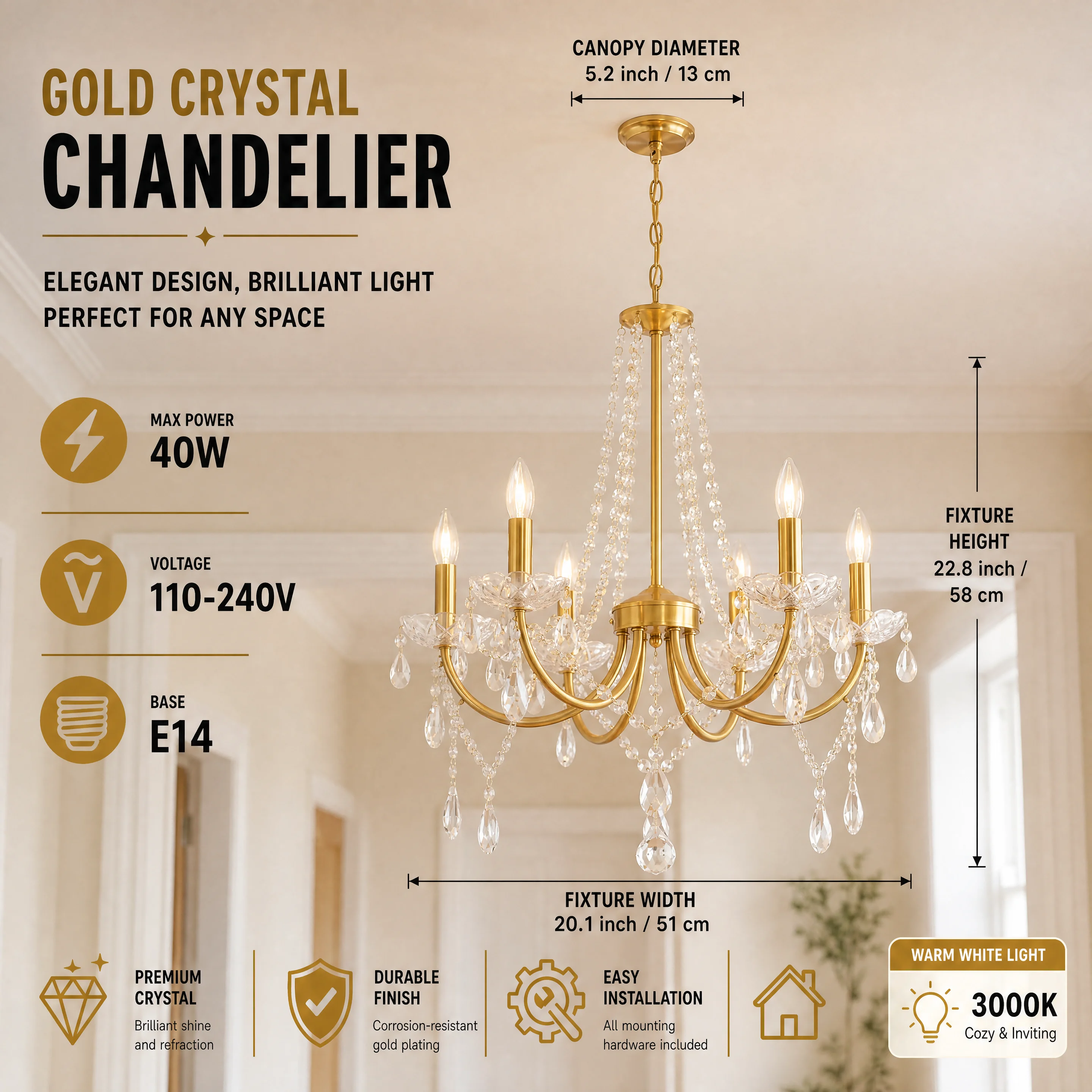 Luxury Gold K9 Crystal Candle Chandelier Adjustable Pendant Light Fixture for Dining Room Living Room Foyer Home Decor