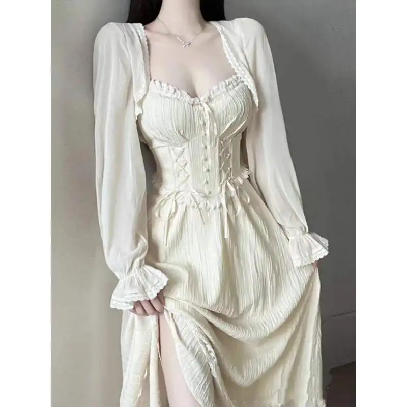 Fairy Skirt Design Tea Break Sensation Pure Desire Strap Dress Two Piece Set Women Summer Long Sleeve Polyester Fashion Set