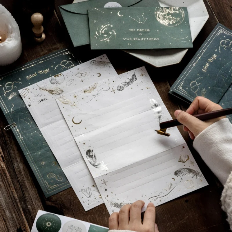 

Star Moon Poetry Collection Series Vintage Relief Landscape Material With Envelope Set Handwritten Greeting Card Romantic Wishes