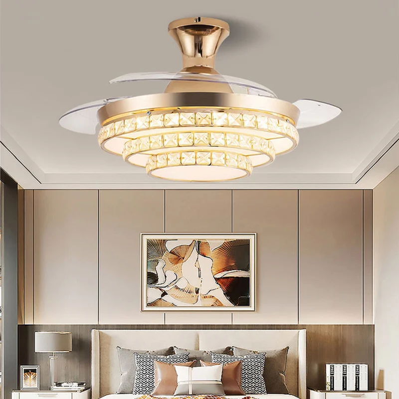 Living Room Crystal Fan Light European Luxury Home Decro Dining Room Ceiling Fan Lamp Intelligent DC Fan Chandelier