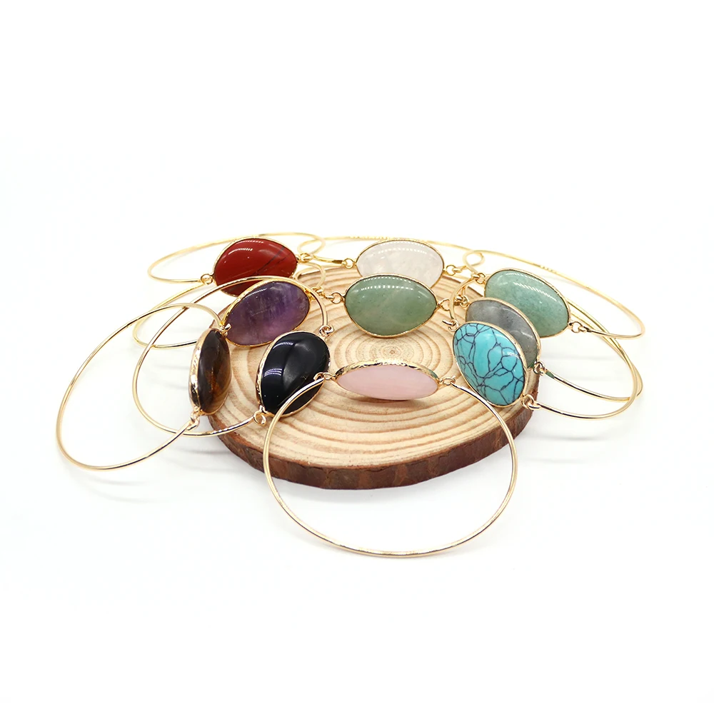 Fashion Gold-Plated Women's Open Bangle Bracelet With Inlaid Polished Natural Stone Amethyst Green Aventurine Jewelry Gift 1pc #1