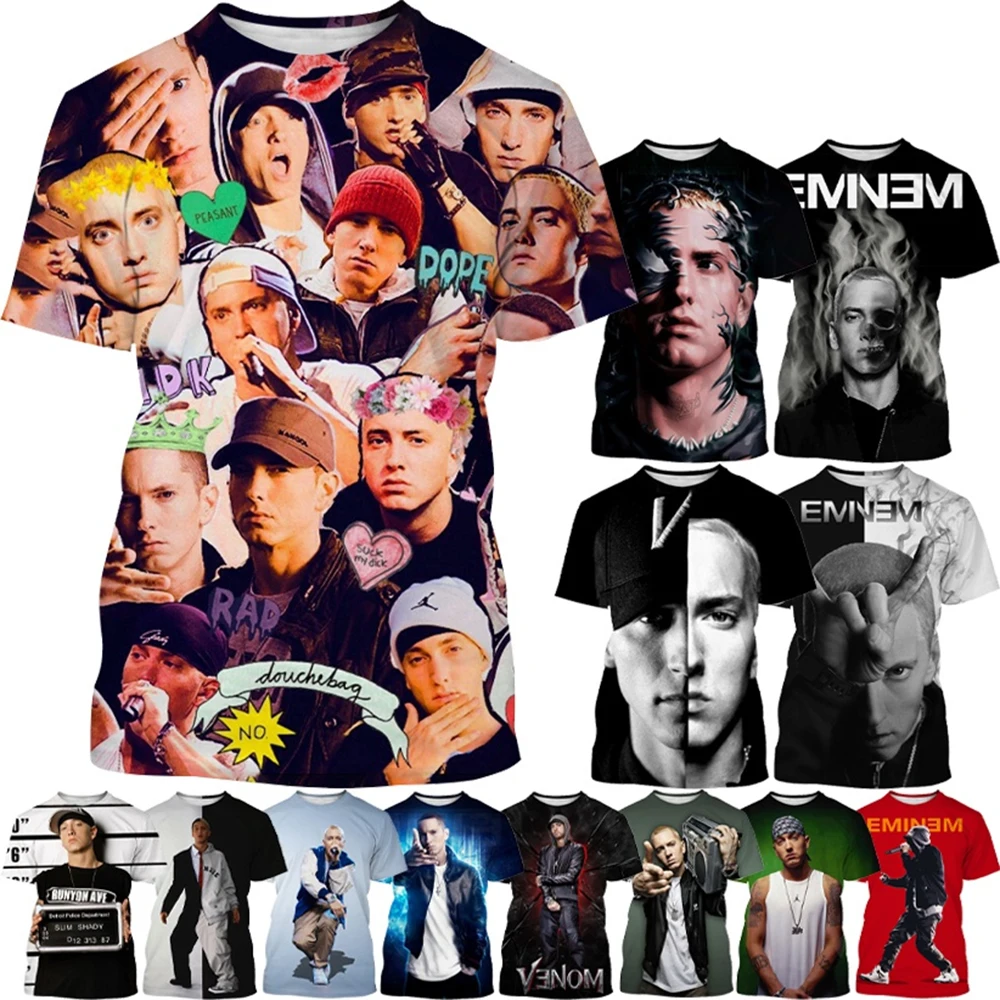 Fashion pop singer Eminem rap hip-hop handsome casual neutral printed short sleeved T-shirt