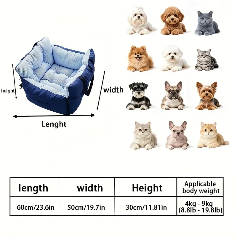 Blau-gestreifter Hunde-Autositz mit Sicherheitsgurt, waschbarer, stoßfester Reisesofa für Hunde und Katzen – Detail 9