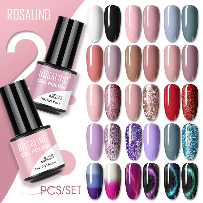 ROSALIND 2 sztuk żelowy zestaw lakierów do paznokci brokatowym kolorze Semi permanentny Nail Art hybrydowy lakier do paznokci Manicure podkład Top Coat UV zestaw żeli do paznokci