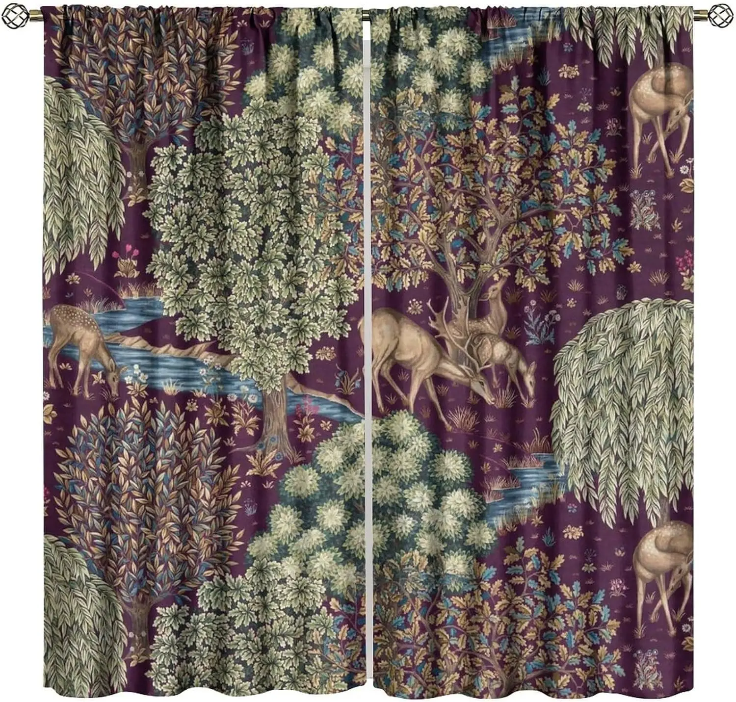 William Morris Window Blackout Curtains, Rustic Retro Farmhouse Forest Deer Animal Nature Window Drapes, for Living Room Bedroom