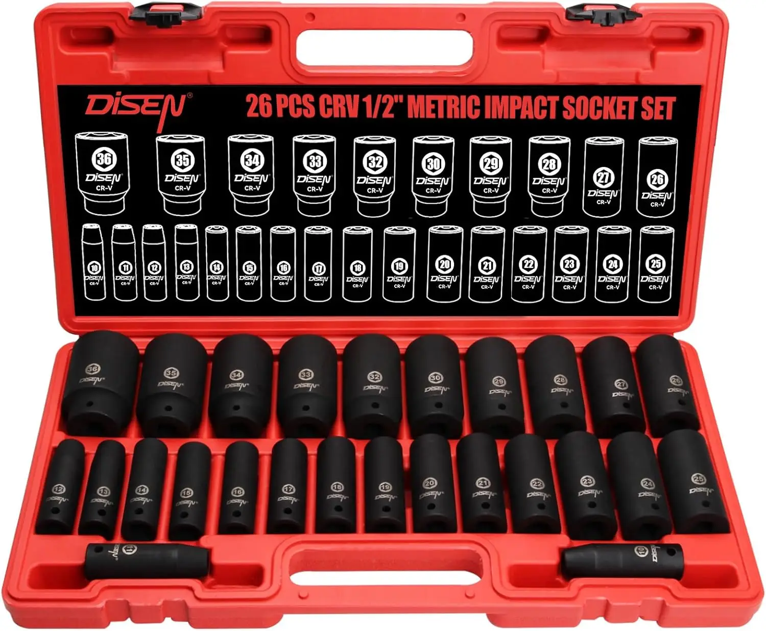 

26-Piece 1/2" Drive Metric Deep Impact Socket Set, 6-Point Cr-V Steel, 10-36mm with Storage Case