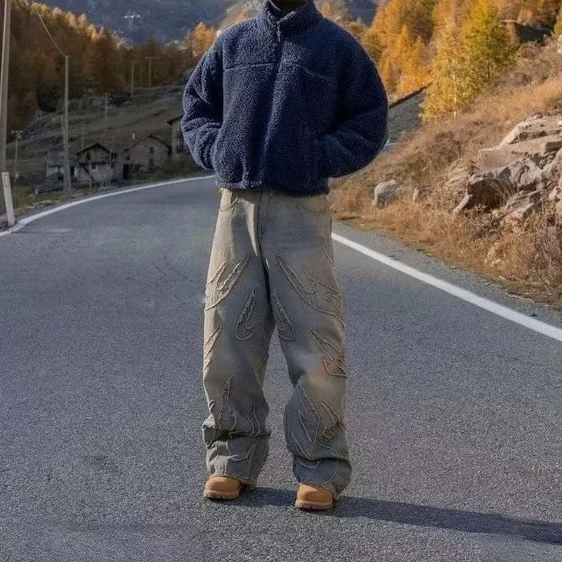 الخريف الكورية الرجعية الرجال الجينز مع الخفافيش نمط التطريز فضفاض الجينز الشارع موضة عادية مستقيم الساق السراويل #2